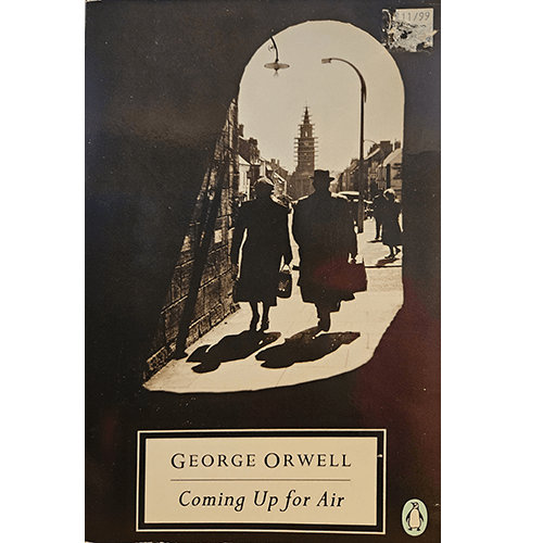 The cover of "Coming Up for Air" by George Orwell features a silhouette of two figures walking through an arched tunnel with a distant clock tower in the background, evoking a sense of nostalgia and reflection.