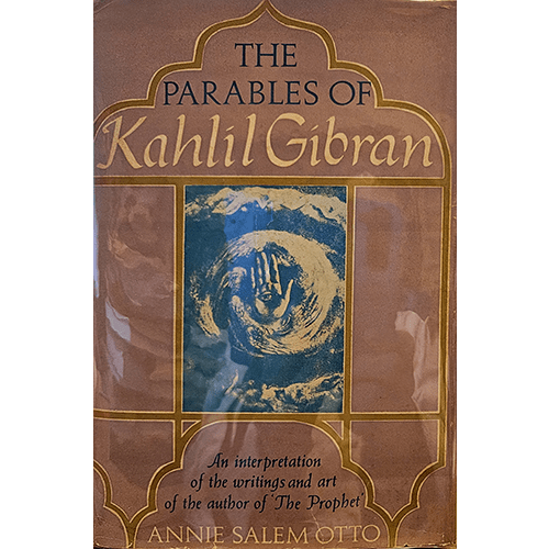 The cover of The Parables of Kahlil Gibran features an artistic illustration of a hand encircling an ethereal landscape, framed in golden hues. The title is prominently displayed with elegant, classic typography.