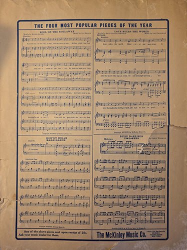 Back cover of early 20th-century sheet music showing printed musical excerpts promoted as popular compositions
