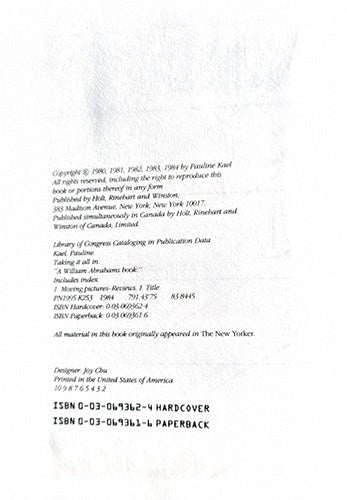 Pauline Kael Taking it all In – rare, vintage, or collectible item from Deb’s Book Paradise