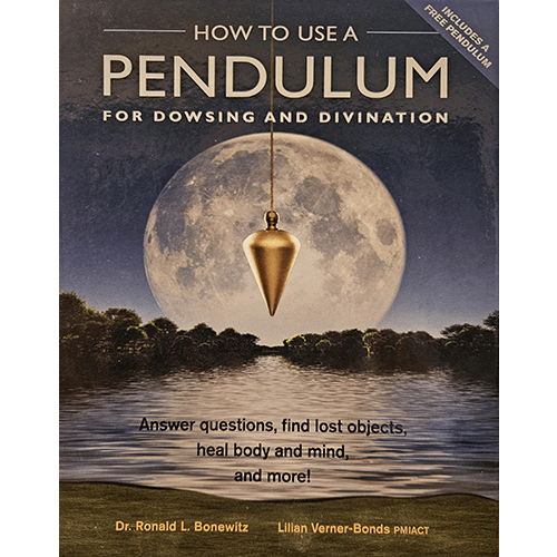 A striking cover featuring a golden pendulum suspended in front of a glowing full moon over a serene lake, framed by trees and a dark sky. The title highlights dowsing and divination for intuitive growth.