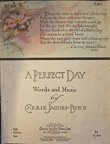 Sheet music cover for 'A Perfect Day' by Carrie Jacobs-Bond with floral design and text.
