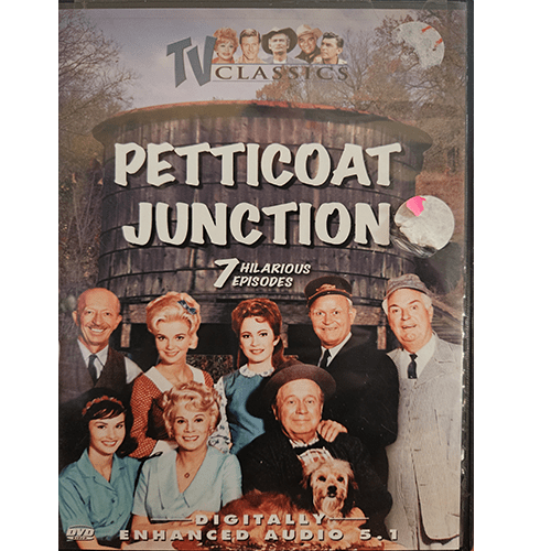 DVD cover of Petticoat Junction: 7 Hilarious Episodes, featuring the Bradley family and Uncle Joe against a rustic background. Labeled TV Classics, it promises vintage, heartwarming comedy.