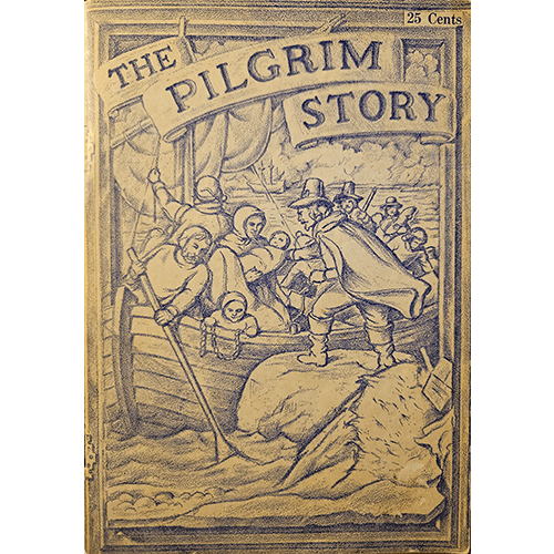 Vintage cover illustration of The Pilgrim Story showing Pilgrims landing at Plymouth Rock, from the 1958 edition by Paul W. Bittinger.