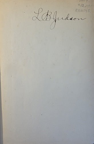 Front blank page of House Plants and How to Grow Them showing early owner inscription reading “L. B. Judson.”