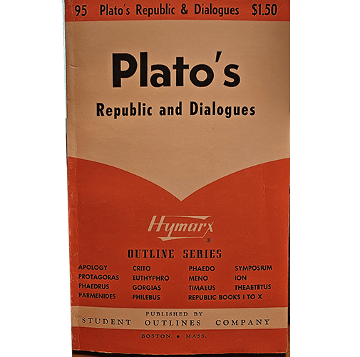  The image is of a book cover titled "Plato's Republic and Dialogues." The cover has a two-tone design with the top portion in a light beige color and the bottom in a reddish-orange color. The title "Plato's Republic and Dialogues" is written in bold black letters in the upper beige section. 