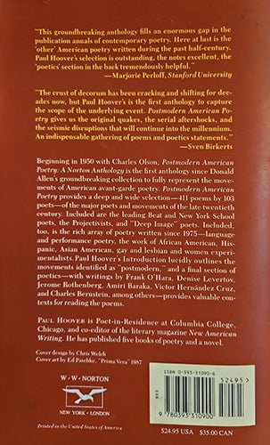 Back cover of Postmodern American Poetry: A Norton Anthology showing publisher’s description and barcode.