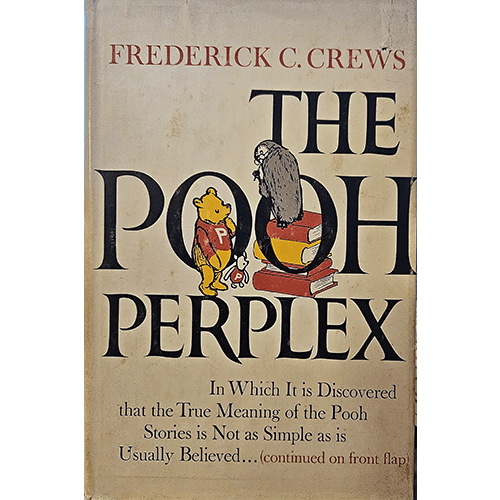 Cover of The Pooh Perplex by Frederick C. Crews, featuring Pooh bear in a varsity sweater with an owl perched on books. A humorous take on academic critique of the beloved Winnie-the-Pooh series.