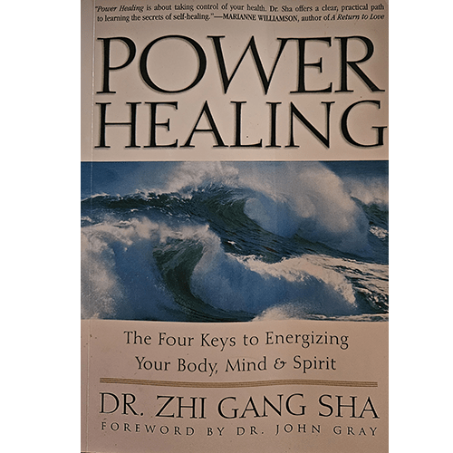 The cover of Power Healing by Dr. Zhi Gang Sha features an image of powerful ocean waves under a muted sky, symbolizing the energy and force of healing. The title is in large, bold lettering above, with a subtitle beneath describing the four keys to energizing body, mind, and spirit.