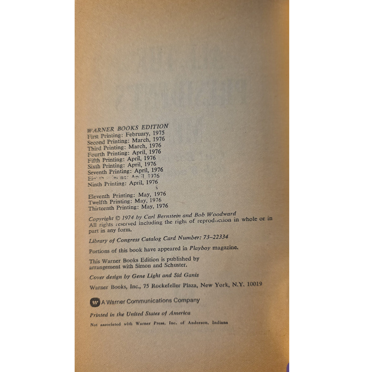 copyright page of All the presidents Men paperback. 
