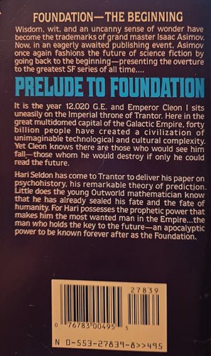 Book cover for 'Prelude to Foundation' showing a dark brown background with white text and a barcode at the bottom.