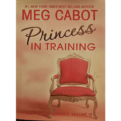 The cover of Princess in Training by Meg Cabot features a regal red armchair set against a warm gradient background. The title is in bold red with gold accents, evoking a royal yet approachable feel.