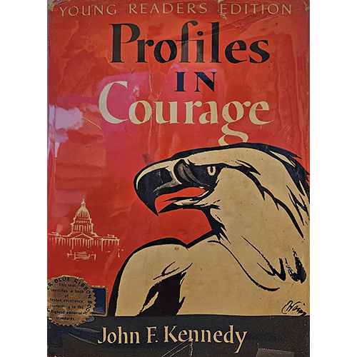 Cover of "Profiles in Courage: Young Readers Edition" by John F. Kennedy. Features a bold red background, an illustrated eagle, and the U.S. Capitol, symbolizing patriotism and bravery.