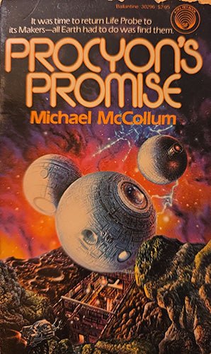 Book cover for 'Procyon's Promise' by Michael McCollum, featuring a dramatic space scene with large cratered moons or planets over a rocky alien landscape under a fiery orange and purple sky.