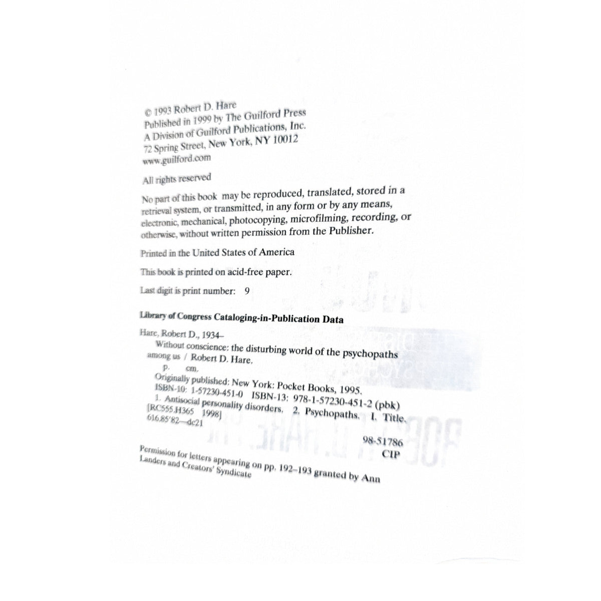 A scanned book cover page showing the title 'Library of Congress Cataloging-in-Publication Data' and publication details for 'The disturbing world of the psychopaths' by Robert D. Hare, with publisher text for The Guilford Press and New York: Pocket Books, 1995.