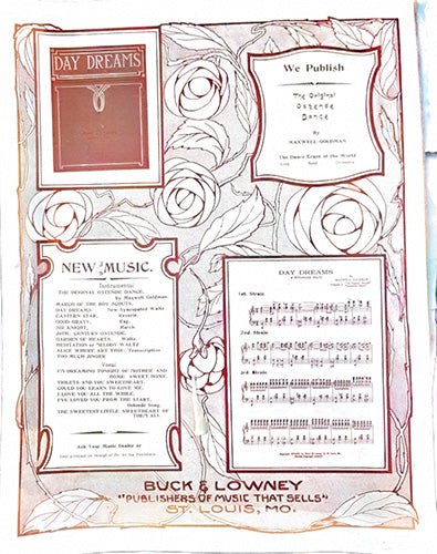 Back cover of early 20th-century sheet music showing publisher advertisements for “Day Dreams” and other Buck & Lowney titles