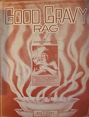Sheet music cover of 'Good Gravy Rag' with a steamy bowl design and portrait of Miss Mike Berlin.