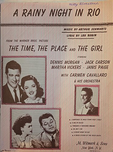 Sheet music cover for 'A Rainy Night in Rio' with images of actors and text.