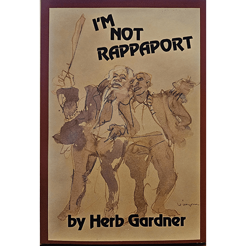 The cover of I'm Not Rappaport by Herb Gardner features a sketch of two elderly men, one holding a cane, standing closely together with expressive, whimsical lines against a beige background, highlighting their bond.