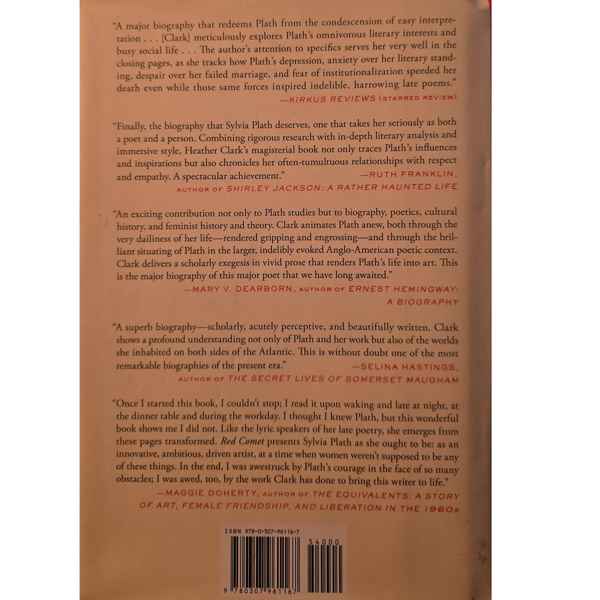 The back cover of a book featuring a series of critical book reviews printed in black text on a warm beige background.
