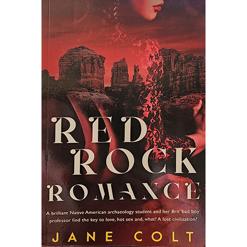 A captivating cover showing dramatic red rock formations under a warm sunset, with a silhouette of a woman's profile and intricate patterns, hinting at romance, mystery, and adventure in Red Rock Romance.