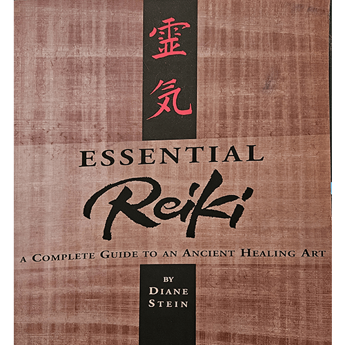 Cover of Essential Reiki: A Complete Guide to an Ancient Healing Art by Diane Stein, featuring traditional Reiki symbols on a wood-textured background with bold red and black accents.