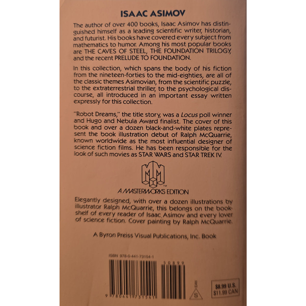 Back cover of Isaac Asimov's Masterminds Edition paperback book, showing the author's name, biographical text, publisher information, and barcode on a brown background.