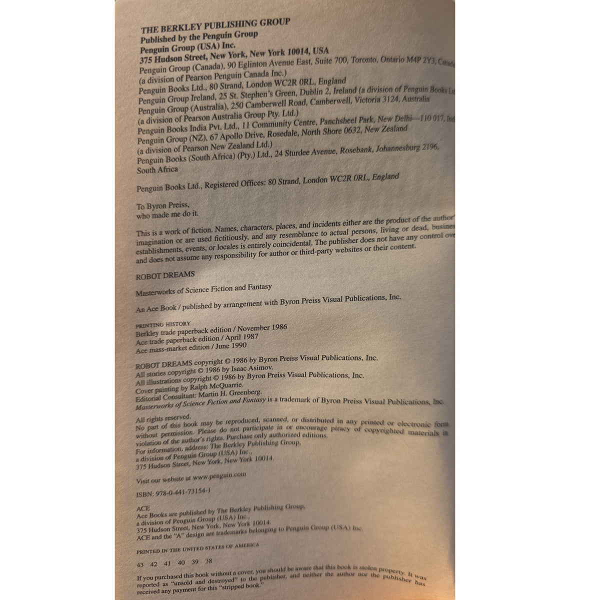 A close-up of a printed book or booklet page showing publisher and copyright information for Robert Cormier's 'The Berkeley Publishing Group' and 'Robert Dreamers', with small black text on a light beige paper background.