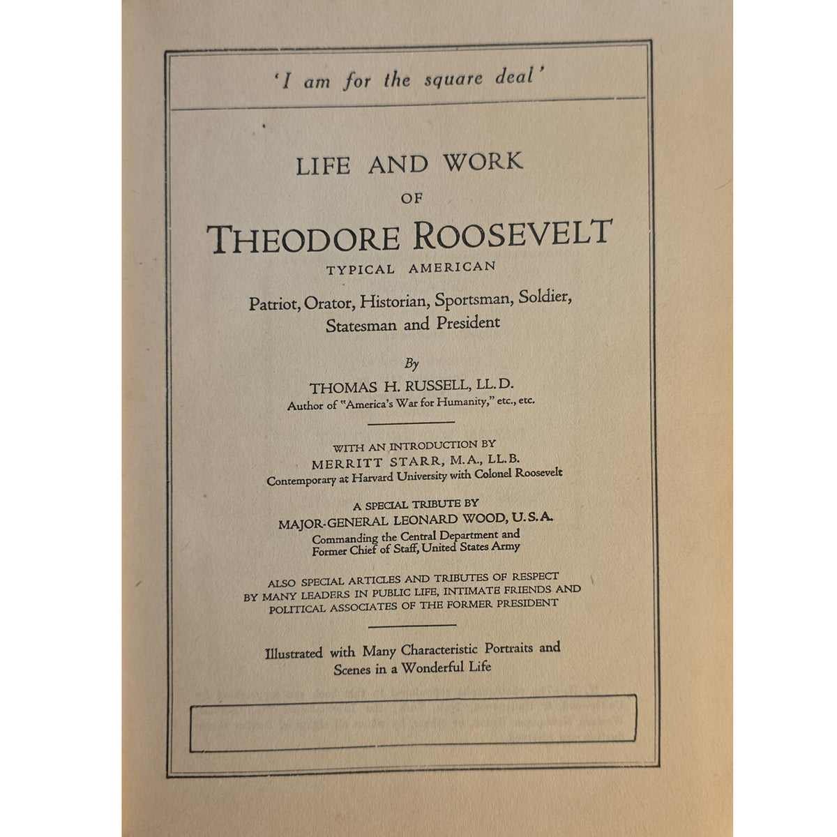 A vintage book half titlepublication page with black serif text on aged beige paper. The visible title reads “Life and Work of Theodore Roosevelt” with additional publication text and a small blank rectangular area near the bottom.