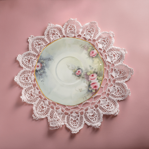 Decorative lace doily with a floral teacup design on a pink background