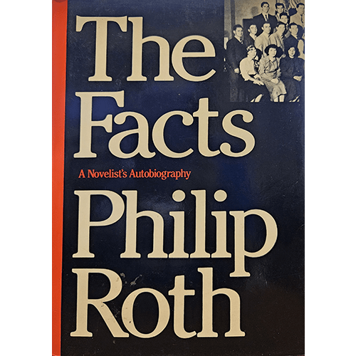 The cover of "The Facts: A Novelist's Autobiography" by Philip Roth features a dark blue background with large, bold white text displaying the title and author's name. In the upper right corner, there is a black-and-white photo of a group of people, suggesting a historical or family context. A red vertical stripe runs along the left edge, adding a touch of contrast to the design. The overall look is classic and understated, emphasizing the seriousness and introspective nature of the autobiography.