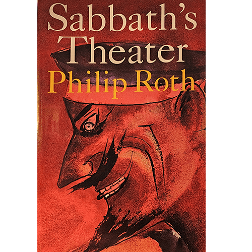 The cover of Sabbath's Theater features an intense red illustration of a sinister, stylized figure, with sharp angles and a toothy grin, encapsulating the novel's dark and provocative themes.