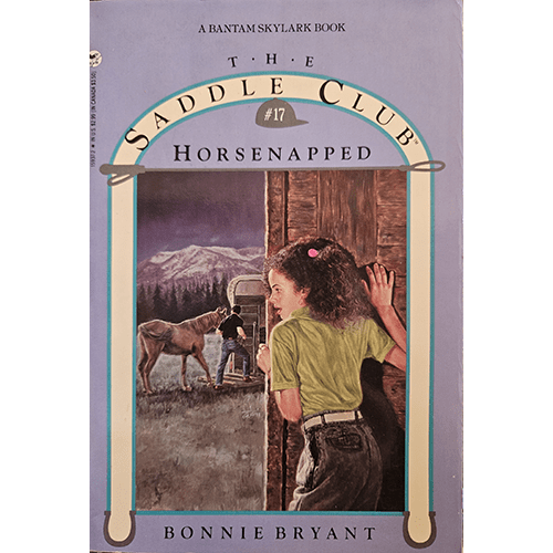 The cover of The Saddle Club #17: Horsenapped by Bonnie Bryant features a young girl looking inside a wooden shed, while another person leads a horse nearby. The setting is rural, with a forest in the background.