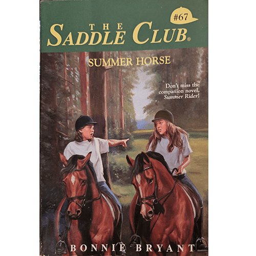 Cover of The Saddle Club: Summer Horse by Bonnie Bryant features two girls riding horses through a sunlit forest. One girl points forward, highlighting the story’s adventurous summer camp setting.