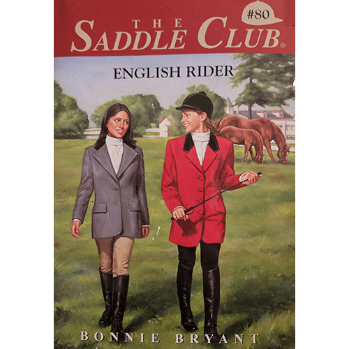 Cover of The Saddle Club #80: English Rider by Bonnie Bryant. Two girls in English riding attire walk side by side in a field with horses grazing behind them, representing a classic Saddle Club story.