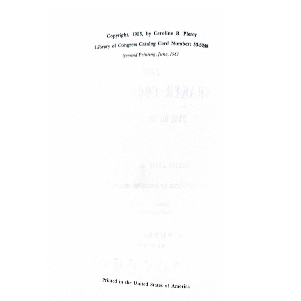 A mostly blank white page with small printed text at the top reading 'Copyright, 1953, by Caroline B. Pfitzcy' and 'Library of Congress Catalog Card Number: 550548', plus faintly visible interior text and 'Printed in the United States of America' at the bottom.