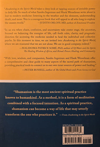 Back cover of the book 'Awakening to the Spirit World' showing a warm orange background with black text, review quotes, and a barcode.