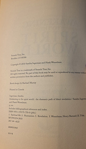 A photographed book page showing printed publication details, including the title 'Awakening to the spirit world: the shamanic path of direct revelation' and publisher text for Sounds True, Inc.