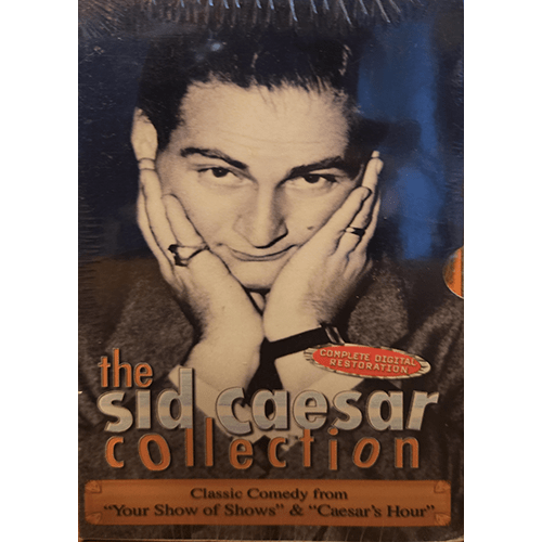 The Sid Caesar Collection VHS features a black-and-white portrait of Sid Caesar with his hands clasped to his face, highlighting his comedic charm. The cover promises classic comedy and digital restoration.