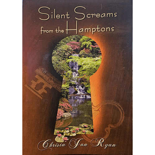 The cover of "Silent Screams from the Hamptons" features a keyhole view revealing a serene waterfall scene surrounded by lush greenery, contrasting with the dark, mysterious tones of the surrounding background.