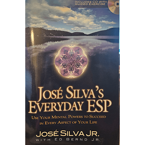 Cover of José Silva's Everyday ESP featuring a serene lake scene at sunset with a glowing mandala design, highlighting the book’s focus on unlocking mental powers and achieving success.