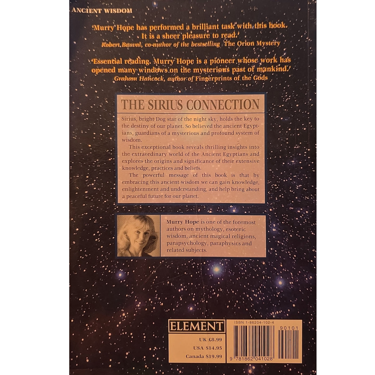 The back cover of the book 'The Sirius Connection' by Graham Holick, featuring a dark brown space-themed background with gold text and starry speckles, a review quote at the top, and a barcode with the Element publisher logo at the bottom.