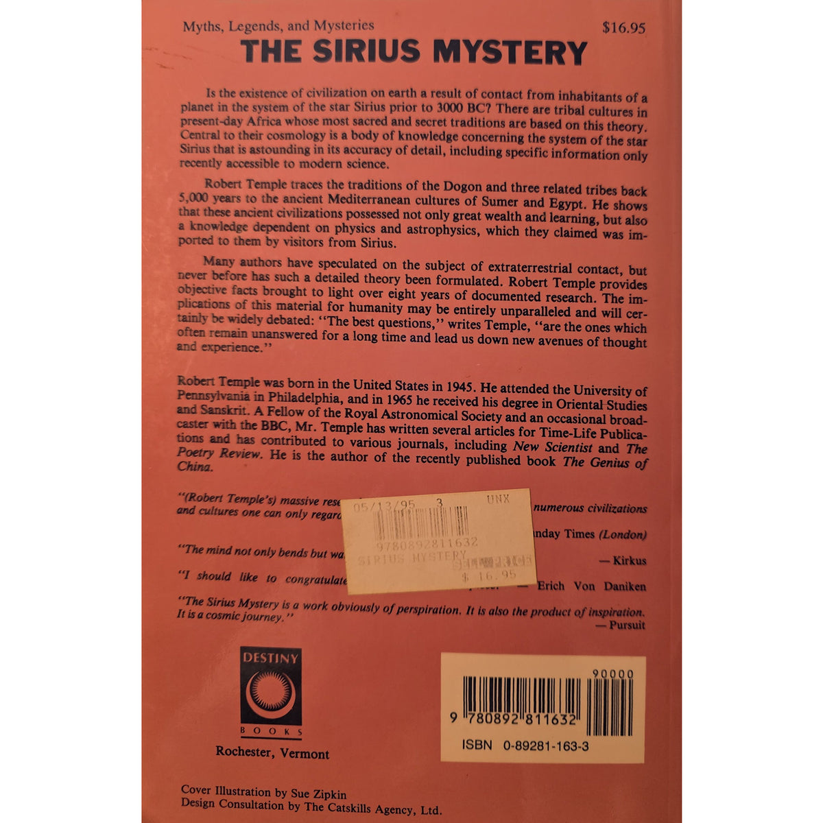 Back cover of a book titled "The Sirius Mystery" with a reddish-brown background, black text, a barcode, and publisher/ISBN details.