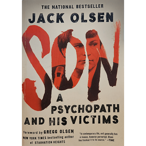 The cover of "Son: A Psychopath and His Victims" by Jack Olsen features bold, red typography with a haunting image of Fred Coe's face. The design captures the dark, unsettling nature of the book's content.