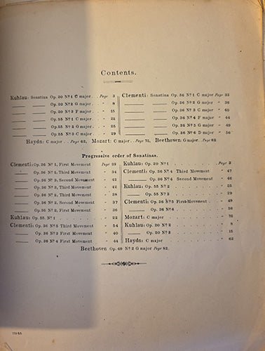 Contents page of vintage piano music book listing sonatinas by Clementi, Kuhlau, Mozart, Haydn, and Beethoven