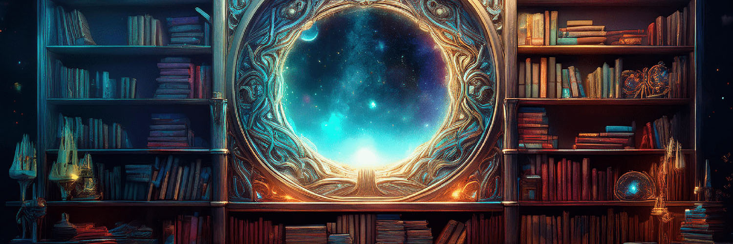 Bookshelf with glowing cosmic portal symbolizing spiritual awakening — Soul Odyssey collection exploring consciousness, mysticism, and divine inspiration.