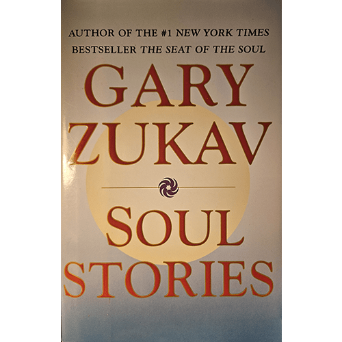 The cover of Soul Stories by Gary Zukav features bold red text on a gradient background of soft blues and yellows, with a simple yet powerful design that reflects the book’s spiritual and transformative themes.