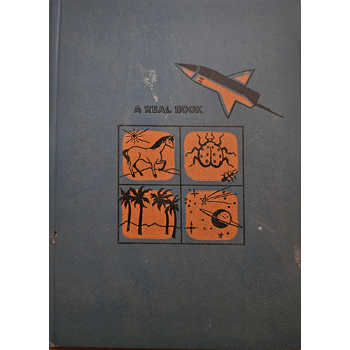 Cover of The Real Book About Space Travel features a blue background with illustrations of a rocket, a horse, a spider, palm trees, and outer space symbols, highlighting exploration themes.