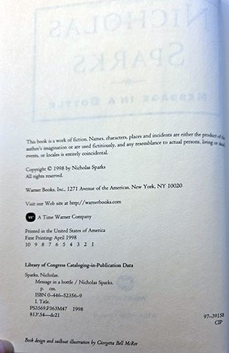 Message in a Bottle by Nicholas Sparks — First Edition First Printing Hardcover – rare, vintage, or collectible item from Deb’s Book Paradise