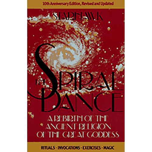 Cover of The Spiral Dance by Starhawk, featuring a cosmic spiral on a deep red background, symbolizing magic, ritual, and the rebirth of Goddess spirituality.